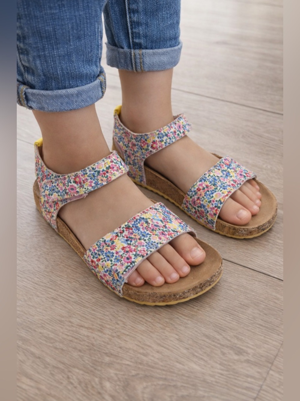 H&M Kids Floral Sandals Size 2 Cork Footbed Yellow Sole Summer Cute
